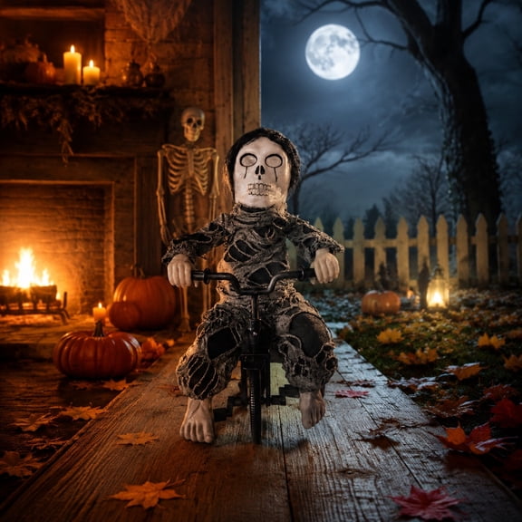 JollyMart Animatronic Tricycle Doll Scary Halloween Prop Glowing – Creepy Red Eyes Motion Activated with Laugh Sound for Haunted House Party Decor13.4in