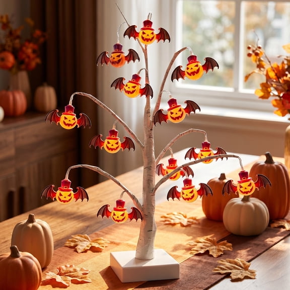 JollyMart Halloween Birch Tree Light with Pumpkin Bat Ornaments,23.4 Inch Lighted Tabletop Tree,Battery Operated Spooky Autumn Decor for Party Indoor Home