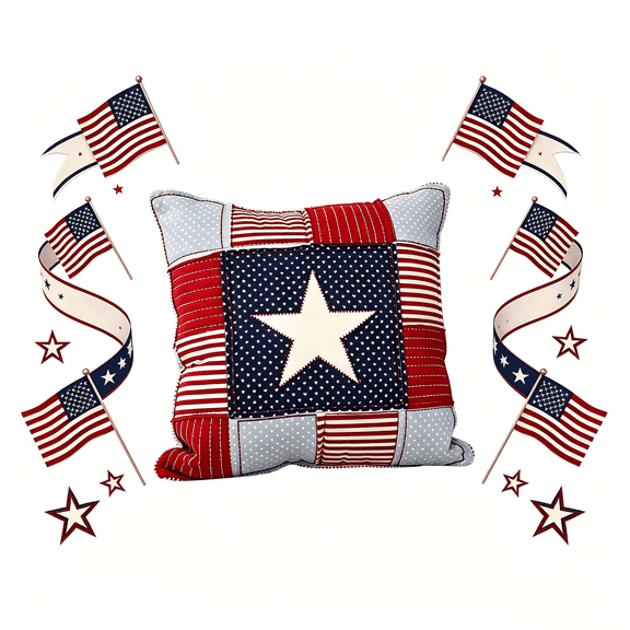 JollyMart Patriotic Patchwork Throw Pillow 14X14in,American Stars & Stripes Cotton Cushion,Red White Blue Decorative Pillow for 4th of July Memorial Day Independence Day,Americana Farmhouse Decor