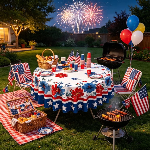 JollyMart Patriotic Round Tablecloth 60in,4th of July Floral Table Cover with Stars&Stripes,Red White Blue Waterproof Washable Tablecloth for BBQ Party Decor,Celebrate 250 Years of America