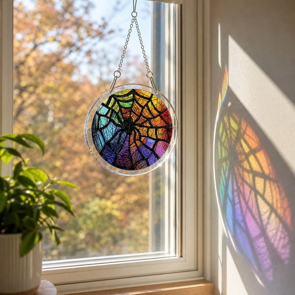 JollyMart Puzzle Suncatcher Stained Glass Spider Web Window Hanging Ornament,Halloween DIY Acrylic Sun Catcher Decor with Cute Animal Pieces for Home Porch