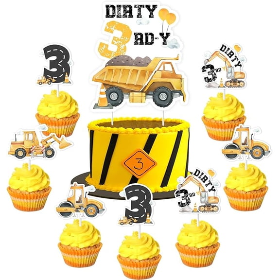 Jollyboom Dirty 3rdy Birthday Boy Decorations - Construction 3rd Birthday Cake Topper, Excavator 3 Year Old Decoration