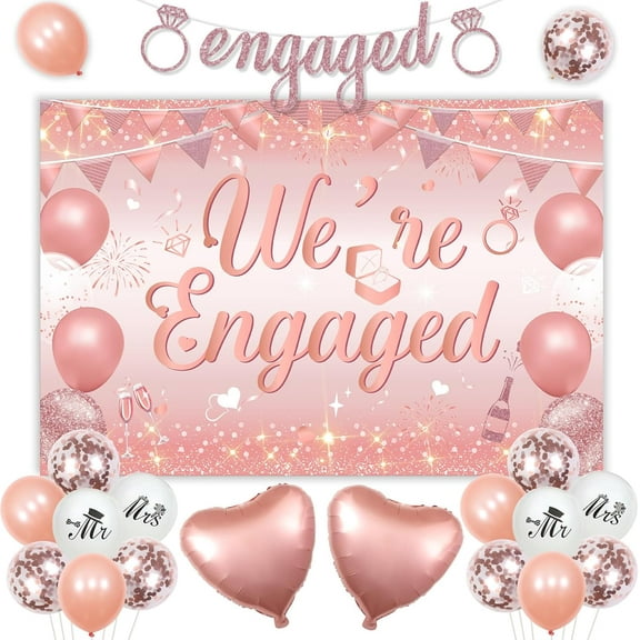 Jollyboom Engagement Party Decorations, Rose Gold We are Engaged Backdrop Diamond Ring Engagement Banner Confetti Balloons, Mr Mrs Love Balloons for Wedding Proposal Bridal Shower Engagement Hen Party