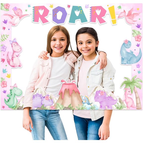 Jollyboom Girl Dinosaur Party Decoration, Dinosaur Baby Shower Party Decoration Photo Booth Prop Frame for Girl Two Rex Three Rex Birthday Decoration Roar Birthday Party Decoration