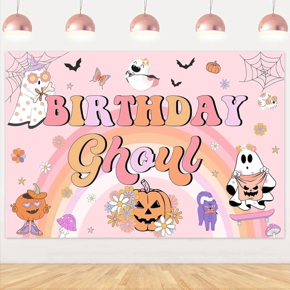 Jollyboom Groovy Halloween Birthday Decorations Girl, Hippie Halloween Birthday Party Decoration Birthday Ghoul Backdrop Photo Background Props for Girl Retro Boho Hippie Halloween Theme Birthday