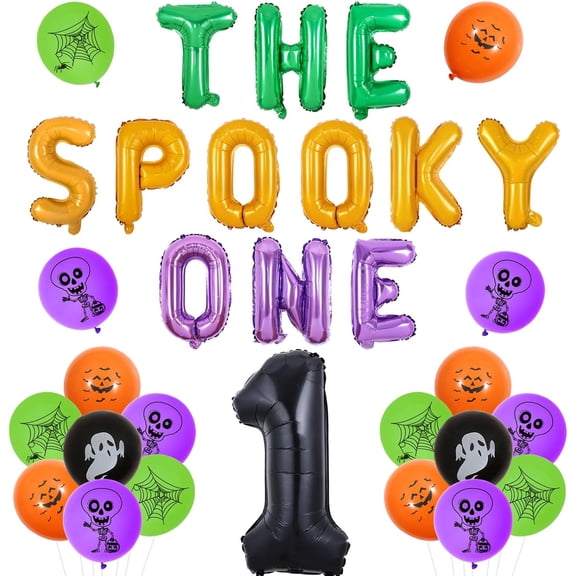 Jollyboom Halloween 1st Birthday Decorations, The Spooky One Balloon Banner Purple Orange Green Pumpkin Ghost Bat Spider Balloons Number 1 Foil Balloon for Boys Girls Halloween Theme First Birthday