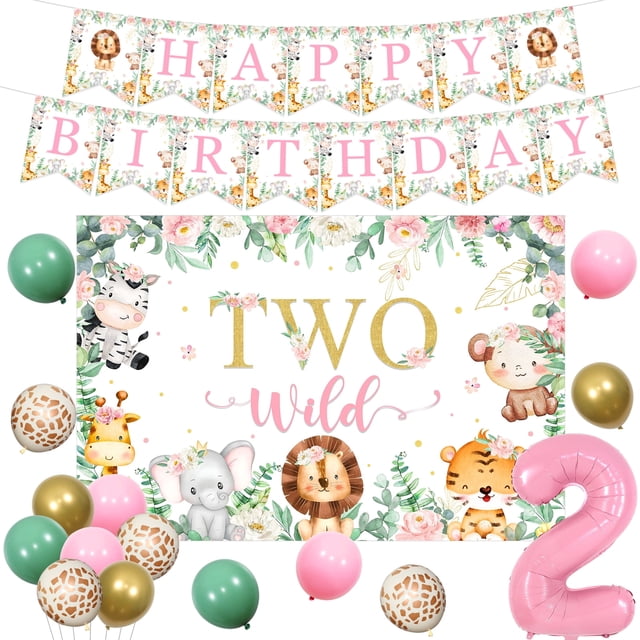 Jollyboom Two Wild Birthday Decorations, Pink Safari Jungle Animal 2nd ...