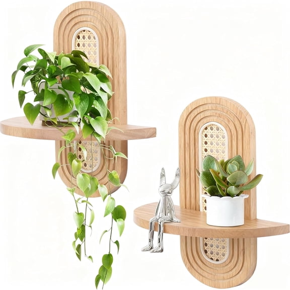 Jollyzo 1-Pack Floating Shelves for Wall, Boho Rattan Plant Shelf, Mid Century Small Decorative Shelf Wall-Mounted, Natural Wood Shelves for Living Room,Bedroom,Nursey Room (Natural)
