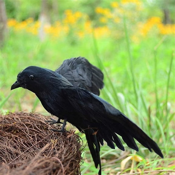 Jollyzo 1-Pack Halloween Black Feathered Crow Decorations, Realistic Raven Handmade Artificial Birds, Halloween Prop Decor Spooky Party Home Garden Decoration (Black Flying Crow)