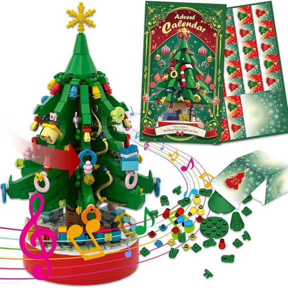 Jollyzo 2026 Christmas Tree Building Block Toys with Rotation and Music, 24 Days Surprise Christmas Countdown Building Blocks Toys with Train, Gifts for Teens Kids Girl Boy Adult Desk Decor