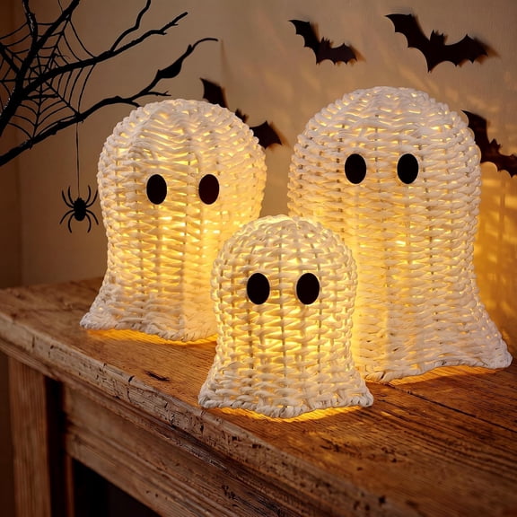 Jollyzo 3PCS Woven Ghost Decor with LED String Lights 3 Sizes Handmade Rattan Halloween Ghosts Warm White Lights for Fall Autumn Thanksgiving Table Mantel Party Home Office Decoration
