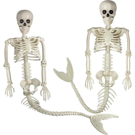 Jollyzo 40 Inches Halloween Mermaid Skeleton, 2PCS Halloween Skeleton Mermaid with Posable Movable Jonints and SoftTail for Halloween Decoration Decor Spooky Scene Party Favors, White