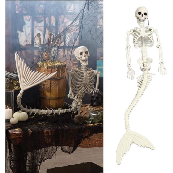 Jollyzo 40 inch Life Size Skeleton Mermaid, Movable Posable Joints Realistic Full Body Skeleton Mermaid Props, Halloween Outdoor Decorations
