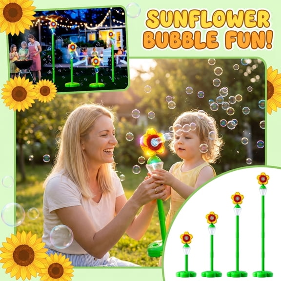Jollyzo Automatic Sunflower Bubble Machine, 2026 New Standing Bubble Blower with Lights & Music, 4 Adjustable Height Bubble Maker, Bubble Machine for Parties Birthday Wedding Outdoor