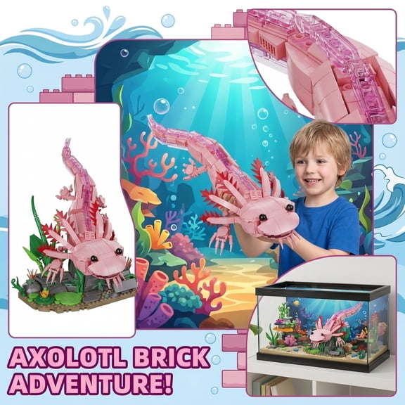 Jollyzo Axolotl Building Set, 998PCS Marine Animal Building Kit with Movable Joints & Display Base, STEM Building Toy Gift for Adults & Teens 14+, Creative Gift Desk Decor