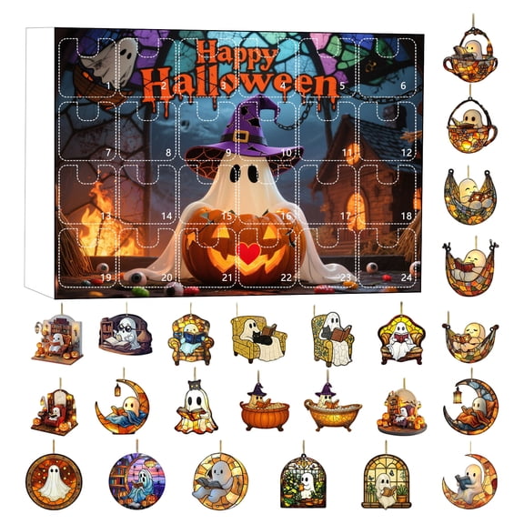 Jollyzo Halloween Countdown Calendar 2026, 24 Days of Acrylic Ghost Bubble Bath Ornaments Advent Calendars, Cute Ghost Reading Book Library Decor for Halloween