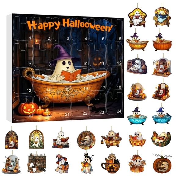 Jollyzo Halloween Countdown Calendar 2026, 24 Days of Acrylic Ghost Bubble Bath Ornaments Advent Calendars, Cute Ghost Reading Book Library Decor for Halloween