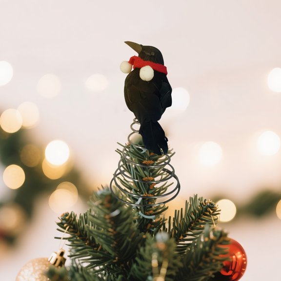 Jollyzo Halloween Crow Tree Topper, Black Feathered Raven with Red Scarf, Metal Spring Base, Gothic Holiday Decor for Christmas Trees