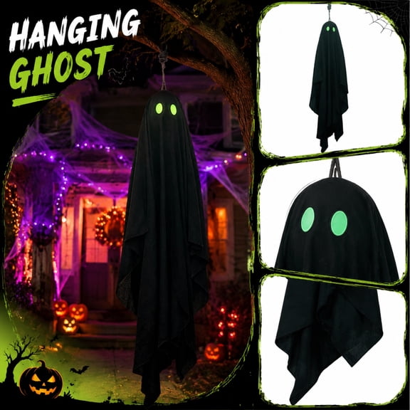 Jollyzo Halloween Hanging Swing Black Ghost Decoration with Glow-in-the-Dark Eyes, 39.4" Spooky Fabric Ghost Props for Indoor/Outdoor Haunted House, Doorway, Tree & Party Decor