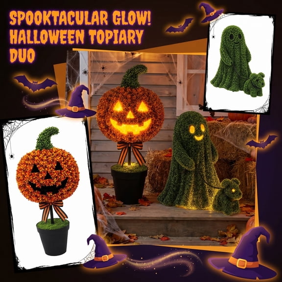 Jollyzo Halloween Jack-O'-Lantern Topiary Tree, Artificial Orange Pumpkin Plant with Face & Bow, Potted Spooky Decor for Indoor/Outdoor Fall & Party Use