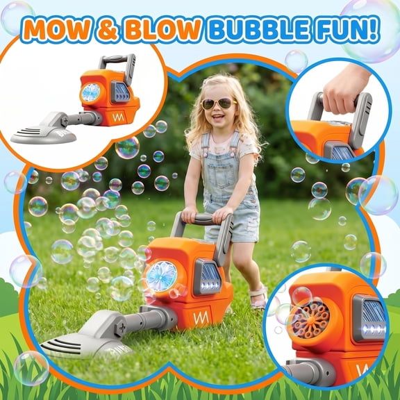 Jollyzo Lawn Mower Bubble Blower Toy for Kids, Automatic Push-Along Bubble Machine with Lights & Sounds