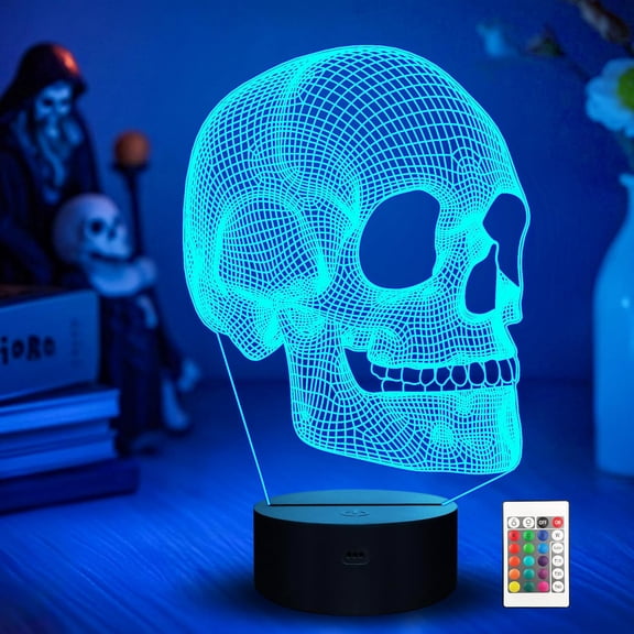 Jollyzo Skull Night Light for Kids, 3D Illusion Lamp LED Desk Table Lamp 16 Colors Change with Remote Control and Timing Function, Best Christmas Halloween Birthday Gift for Child Boys