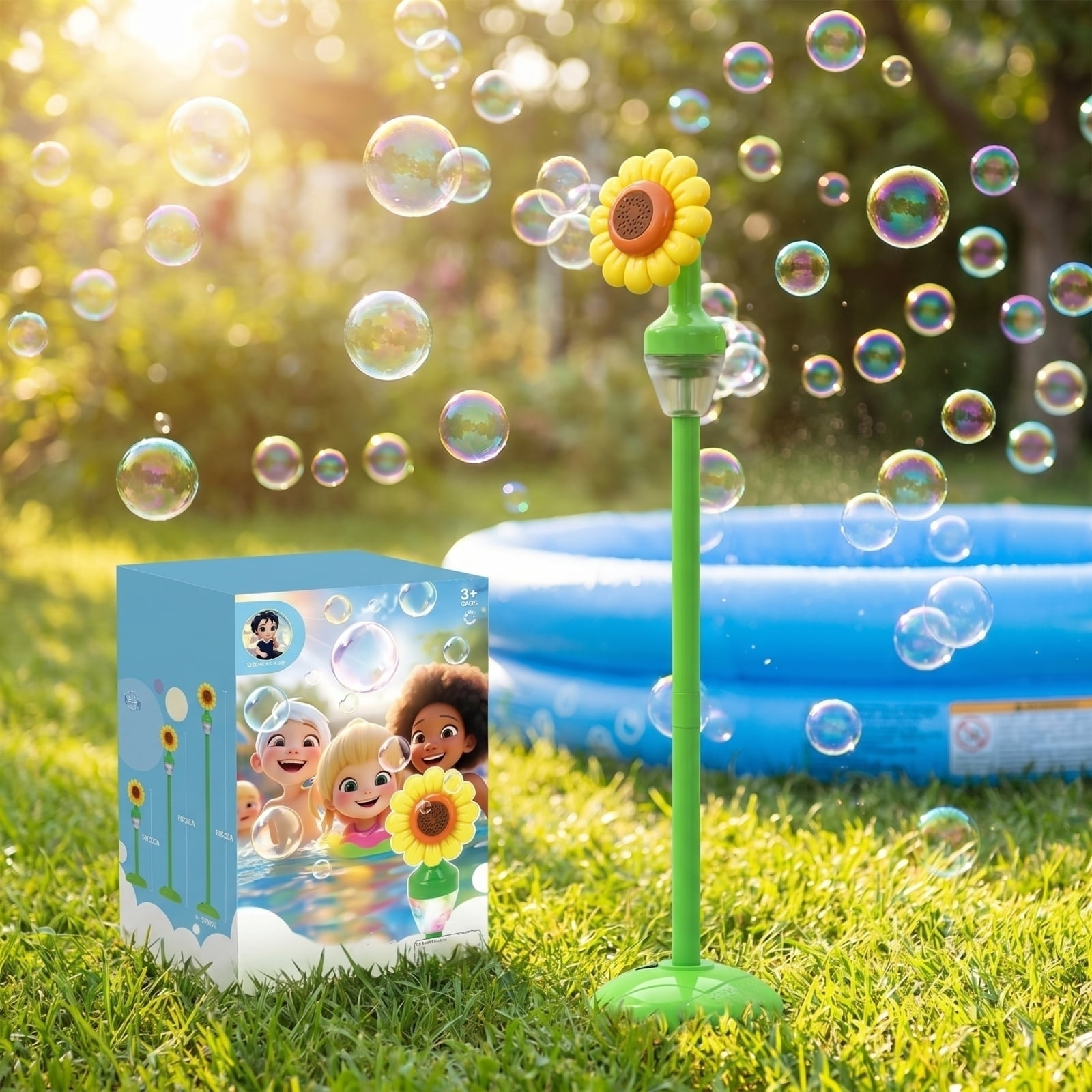 Jollyzo Sunflower Bubble Machine for Kids, 2026 New Standing Bubble Blower with Lights & Music, Adjustable Height Bubble Maker, Bubble Machine for Parties Birthday Wedding Outdoor