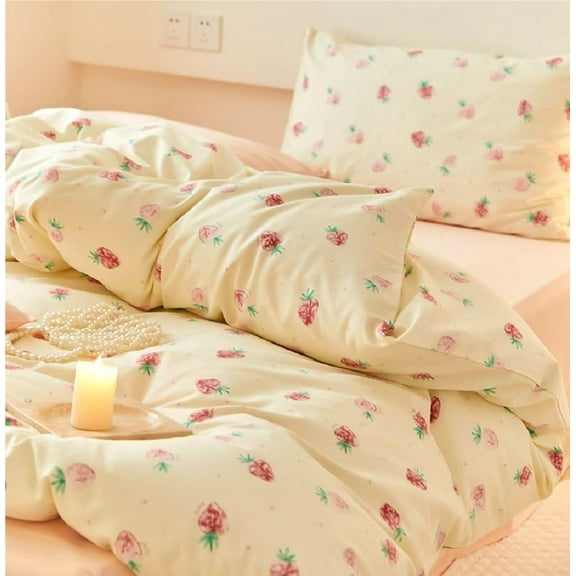 Jolusere Cream Pink Strawberry Girls Comforter Set Full Size, 3 Pieces Soft Breathable Cute Bedding Set for Kids Girls