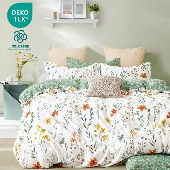 Jolusere Floral Leaves King Comforter Sets, 3 Pieces Green Leaves Colourful Floral Reversible Bedding Sets for Adults All Season