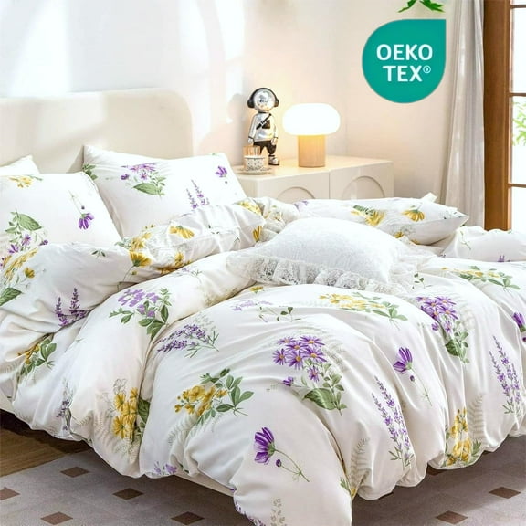 Jolusere White Purple Floral Queen Comforter Sets, 3 Pieces Chic Garden Style Reversible Bedding Sets for Adults All Season