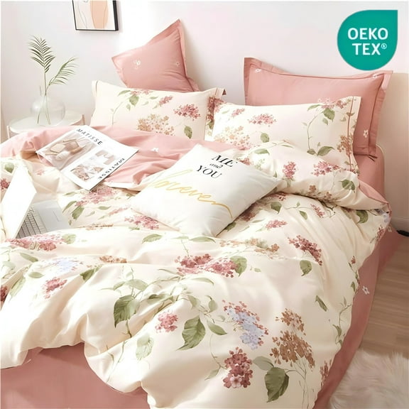 Jolusere White with Pink Flowers Queen Comforter Sets, 3 Pieces Chic Garden Style Reversible Bedding Sets for Adults All Season