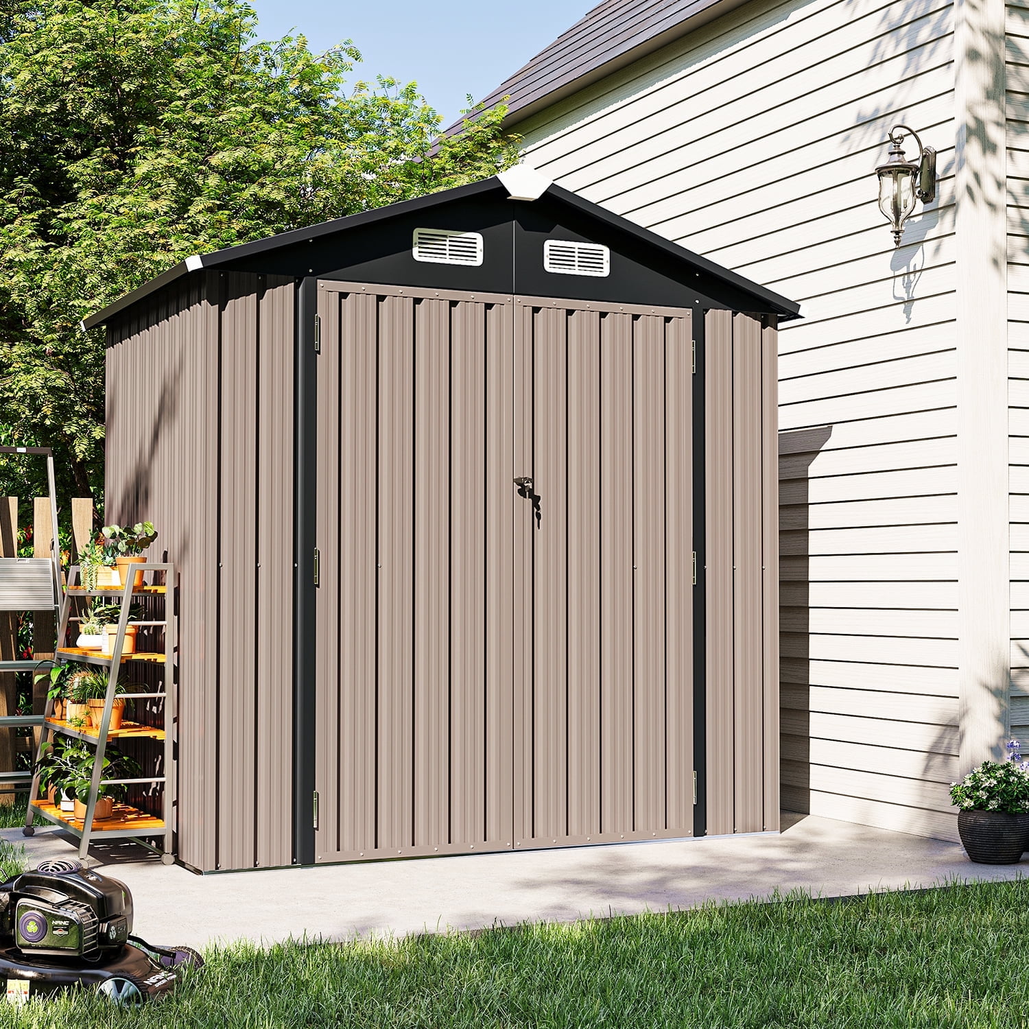 JolyDal 6 x 4 Ft Outdoor Storage Shed with Plastic Floor, Metal Tool Shed with Door and Lock, Brown