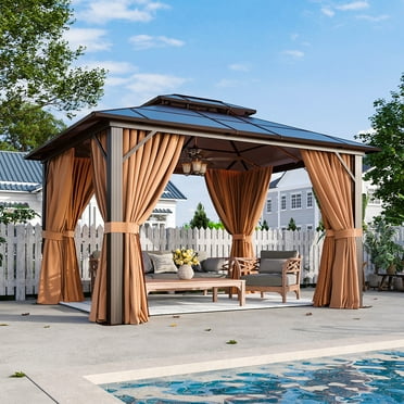 JolyDale 10 x 12FT Hardtop Gazebo, Double Polycarbonate Roof Aluminum Frame Gazebo W/Curtain and Netting, Brown