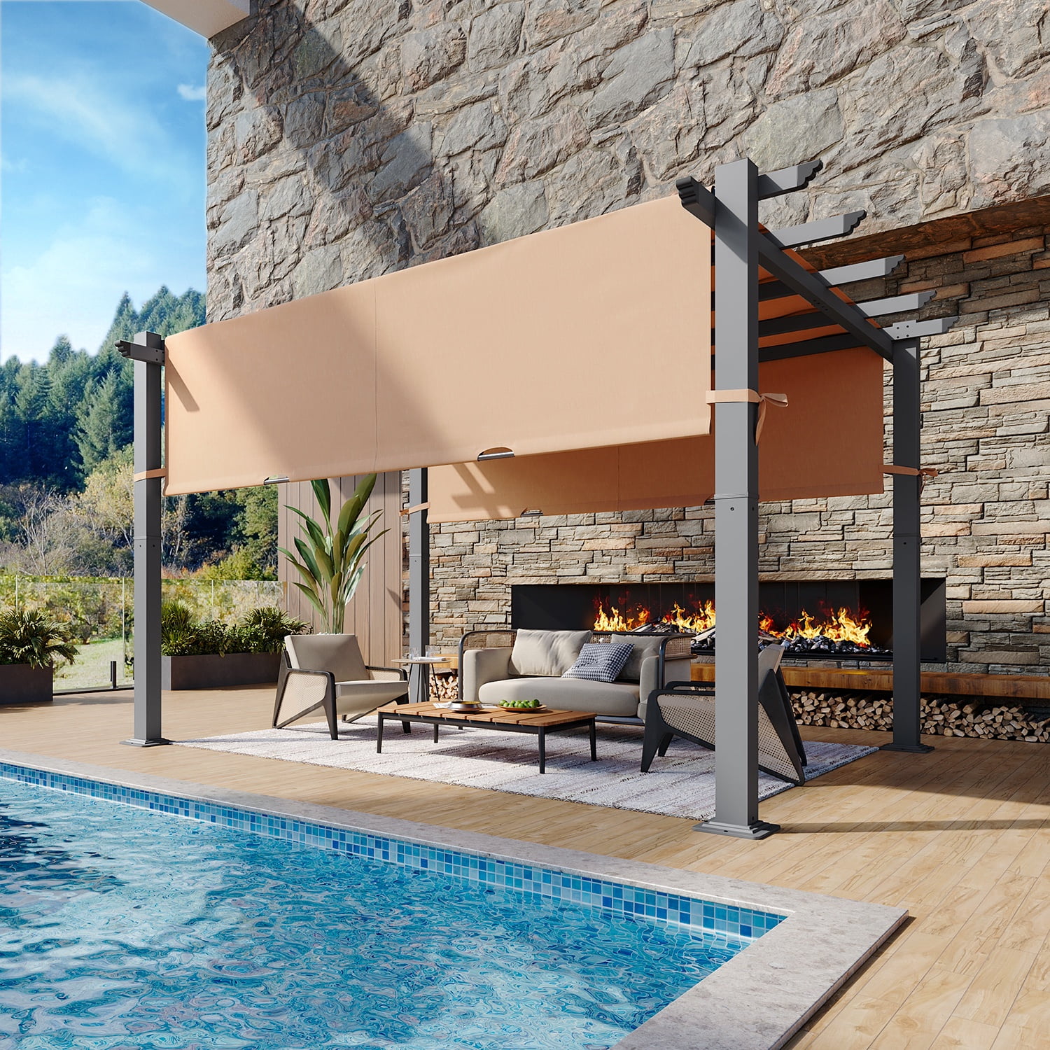 JolyDale 10x12Ft Outdoor Pergola, Patio Metal Pergolas Gazebos with  Retractable Shade Canopy, Beige - Walmart.com, image size:1500x1500