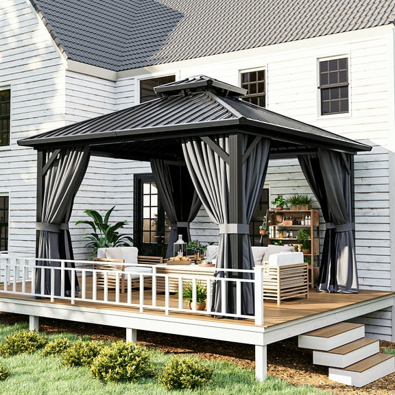 JolyDale 12' x 12' Outdoor Hardtop Gazebo, Galvanized Double Roof Canopy Gazebo,Aluminum Frame Permanent Pavilion with Mosquito Net and Privacy Curtain for Garden, Patio, Gray