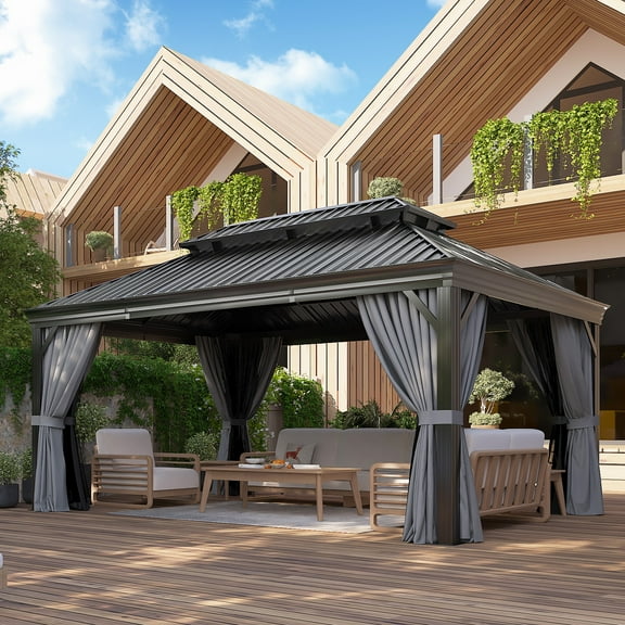 JolyDale 12' x 16' Hardtop Gazebo, Outdoor 2-Tier Galvanized Roof Canopy, Aluminum Frame Permanent Pavilion with with Netting and Curtains for Garden, Patio, Lawns, Gray