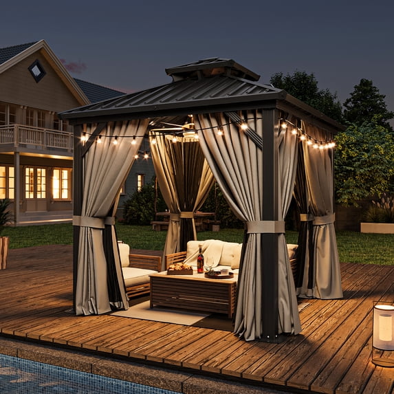 JolyDale 8' x 8' Outdoor Hardtop Gazebo, Galvanized Double Roof Canopy Gazebo,Aluminum Frame Permanent Pavilion with Mosquito Net and Privacy Curtain for Garden, Patio, Gray