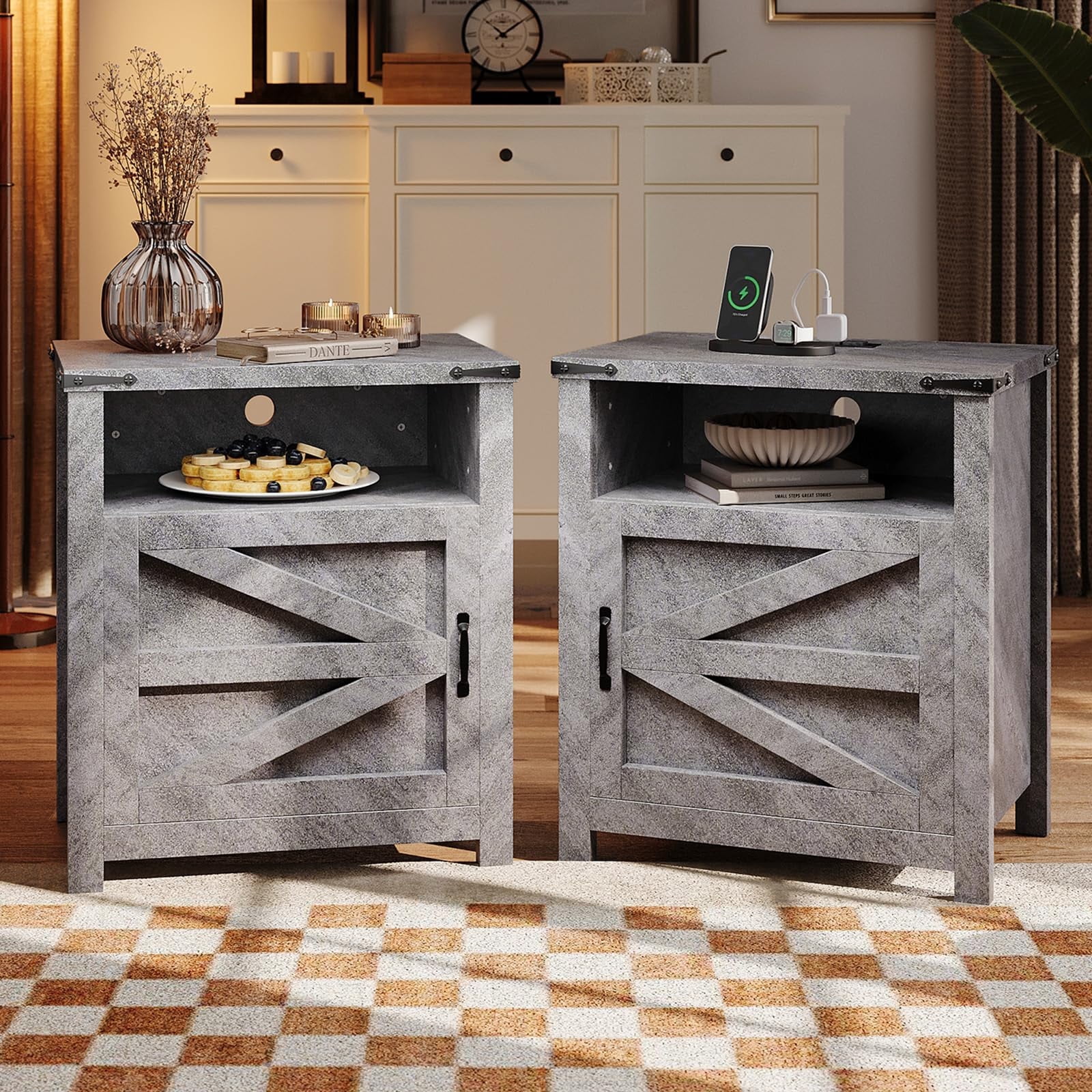 JolyDale Farmhouse End Table, 21'' Rustic Nightstand with Barn Door ...