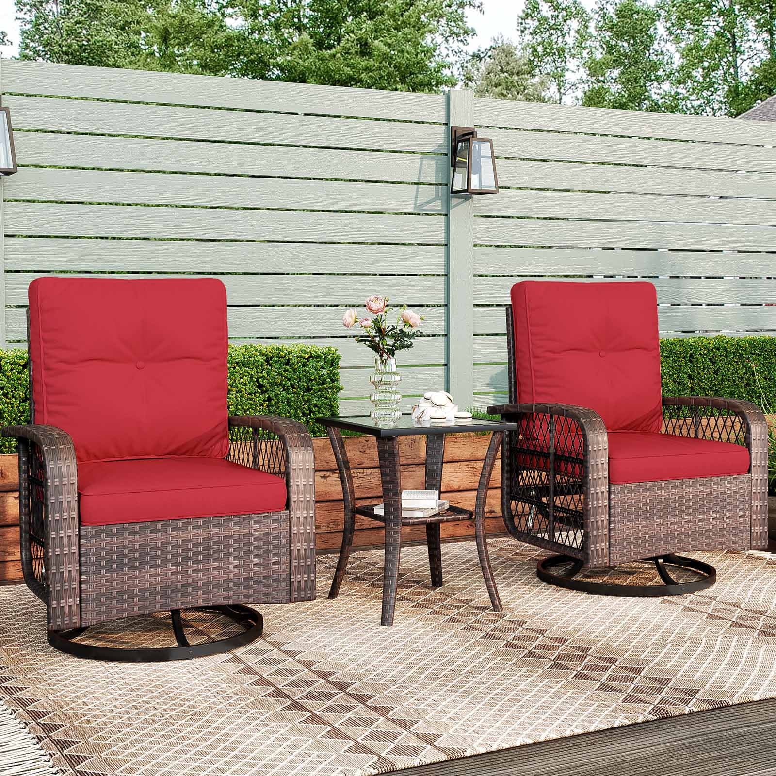 Red Cushioned Wicker Patio Bistro Set with Swivel Rocking Chairs