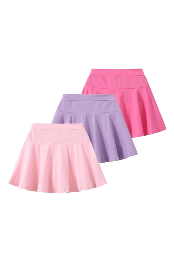 3 Pack Girls Athletic Skorts High Waisted Tennis Skirts with Built-in Shorts Kids Active Skirts 4-5 Years (Pink Purple Red)