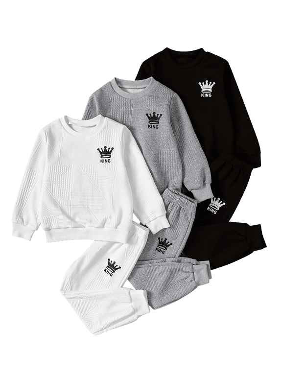 Boy Outfits 6 Piece Letter Print Sweatsuit Waffle Long Sleeve Pullover Sweatshirt and Jogger Pant Sets,White Gray Black,7-8 Years