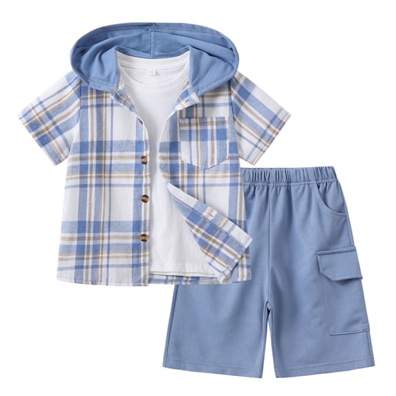 Jolyshlid Boys 2 Piece Summer Outfit Set Plaid Shirt and Shorts Casual Clothing Set for Kids 11-12Years,Light Blue