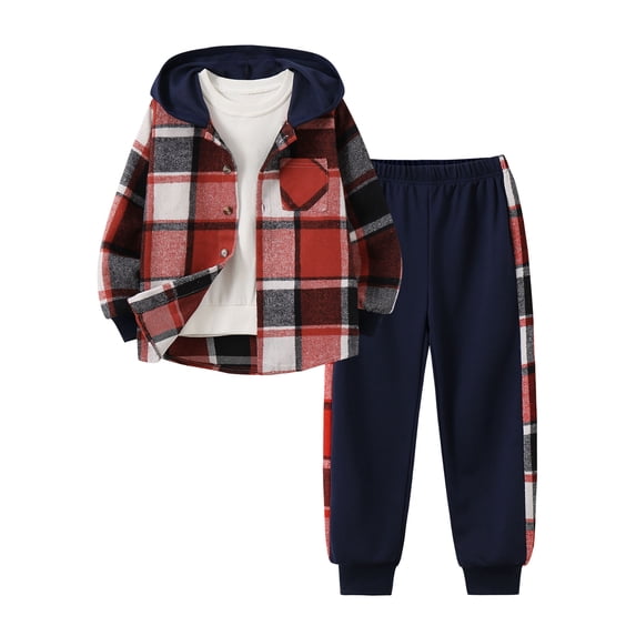 Jolyshlid Boys 2 Pieces Sweatsuit Flannel Plaid Shirt Tops and Pants Set Casual Hoodie Outfits for Fall Winter,Blue,9-10Y