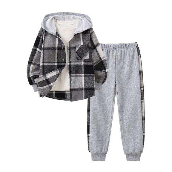 Jolyshlid Boys 2 Pieces Sweatsuit Flannel Plaid Shirt Tops and Pants Set Casual Hoodie Outfits for Fall Winter,Gray,9-10Y