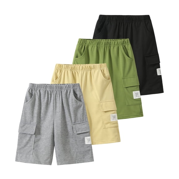 Jolyshlid Boys Athletic Shorts 4 Pcs Summer Cargo Elastic Waist Jogger Sports Short with Pocket Grey Apricot Black Green 9-10 Years