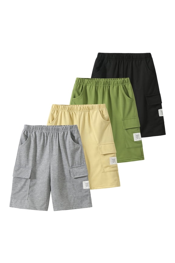 Boys Athletic Shorts 4 Pcs Summer Cargo Elastic Waist Jogger Sports Short with Pocket Grey Apricot Black Green 9-10 Years