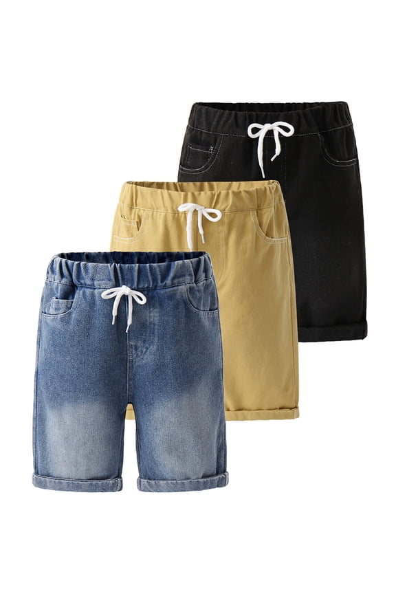Boys Denim Shorts 3-Pack Pull On Elastic Waist Straight Leg with Pockets Loose Casual Jean Shorts 7-8 Years