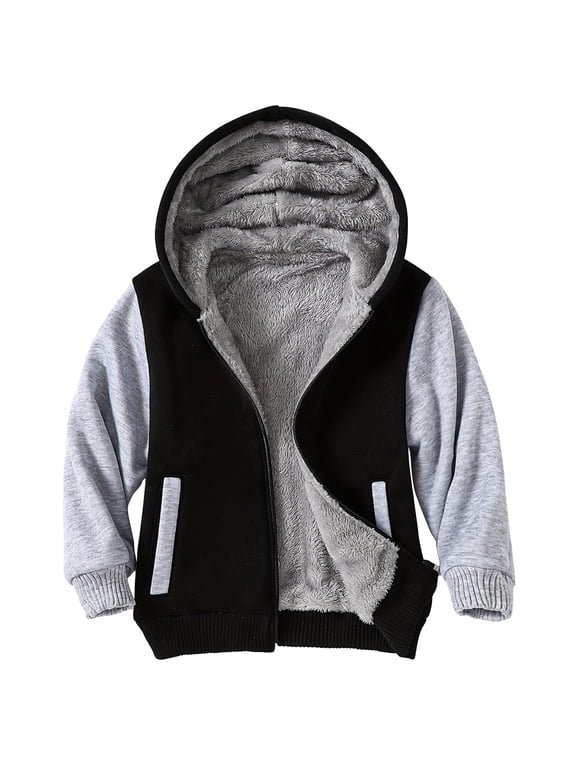 Boys Fleece Zip Up Hoodie Jacket Kids Sherpa Lined Winter Coat Outdoor Warm Sweatshirt Black 9-10 Years