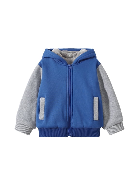 Boys Fleece Zip Up Hoodie Jacket Kids Sherpa Lined Winter Coat Outdoor Warm Sweatshirt Blue 7-8 Years