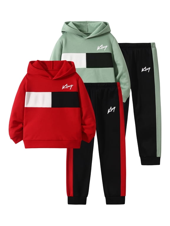 Boys Hooded Outfits Set 4 Piece Colorblock Long Sleeve Sweatshirt and Jogger Pants Kids Clothing Sets,Red Green,7-8Y